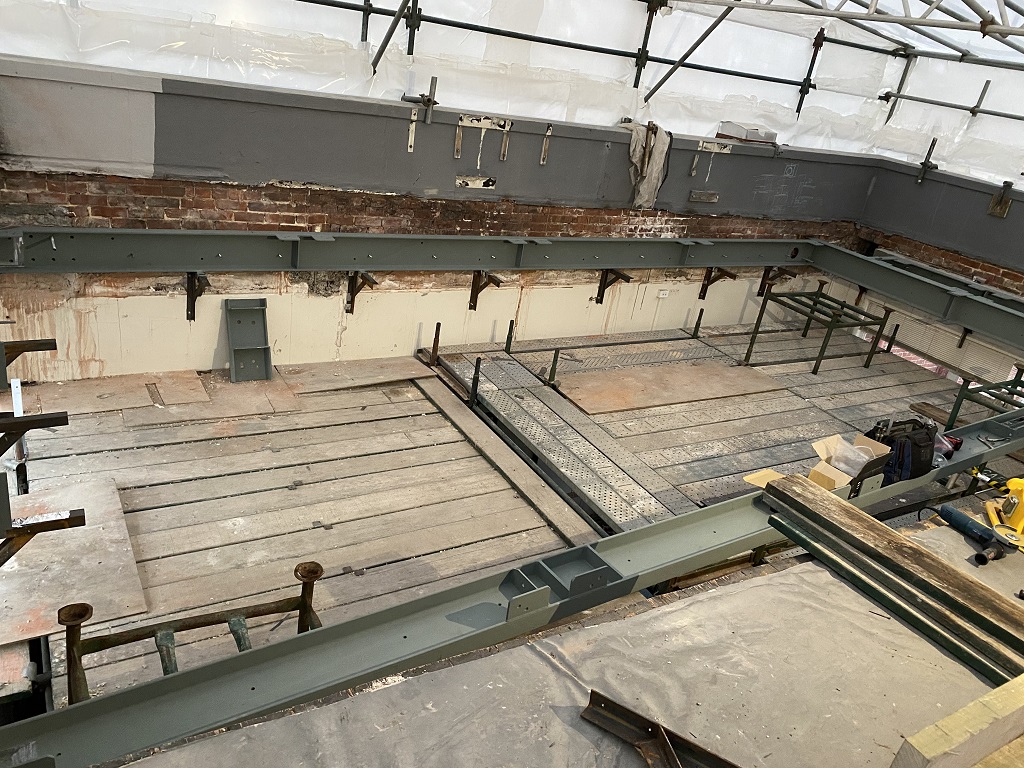 Structural steelwork being fitted to existing heritage building, Lindo Ferguson